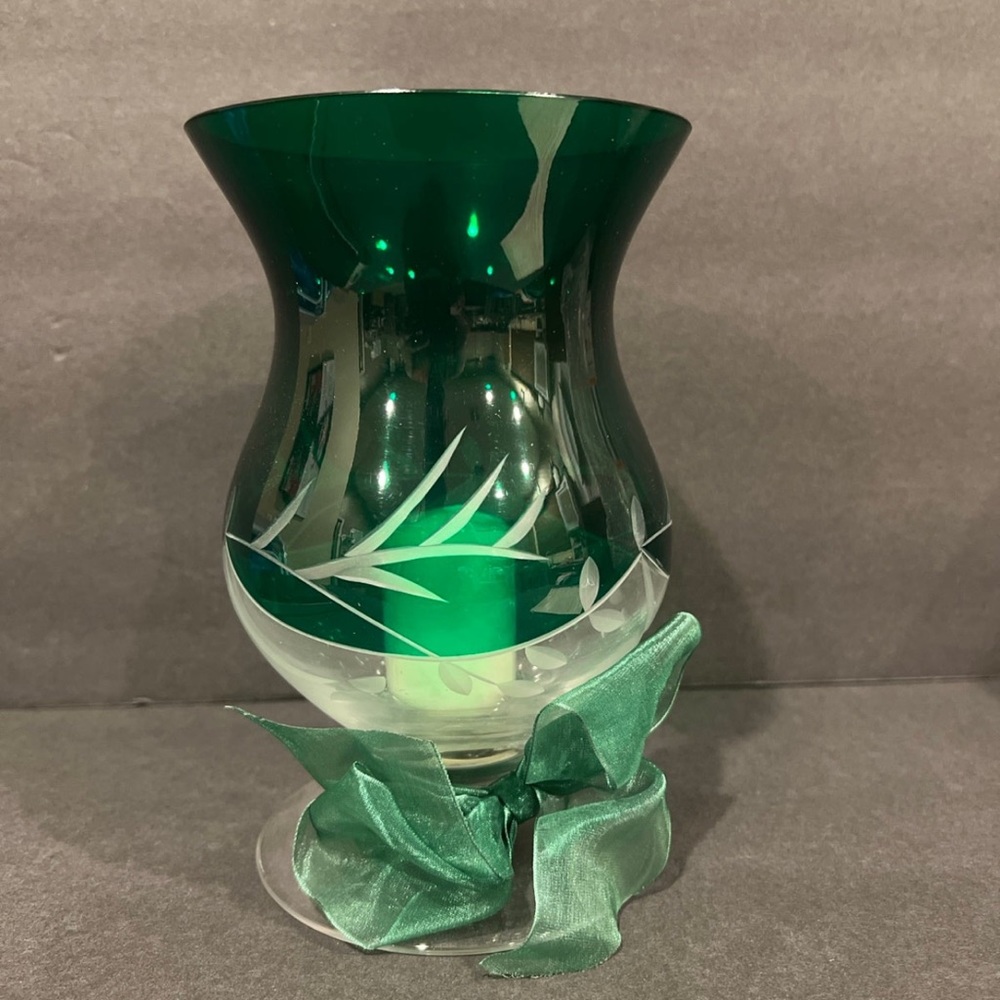 Lenox Petite Floral Christmas Emerald  Hurricane Votive Candle Holder 7.75" Tall